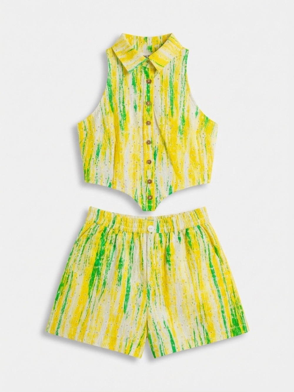 Yellow and Green Sleeveless Button-Up Top and Shorts Set